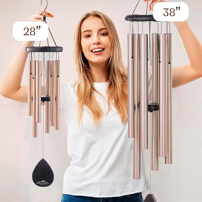 UpBlend XL Wind Chimes for Outside Gift – Deep Tone Wind Chime with Decorative Stone – Porch & Patio Decor, Elegant Outdoor Ornament, Garden Gifts. 38” Gold.
