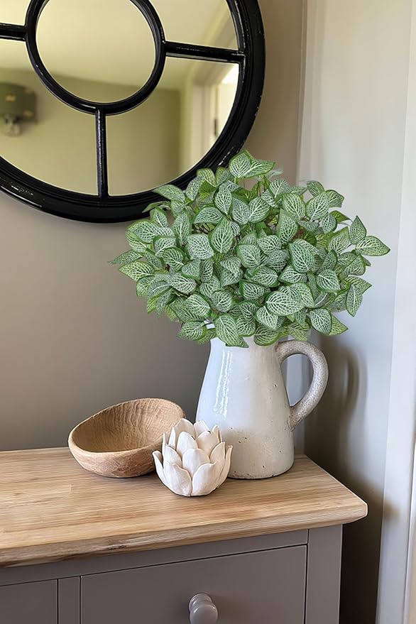 Hollyone 5 Bundles Artificial Greenery Plants Stems Faux Fittonia Leaves Plant Bouquet Fillers for Arrangement, Fake Shrub Bushes Plants for Home Centerpiece Indoor Outdoor Garden Patio Porch
