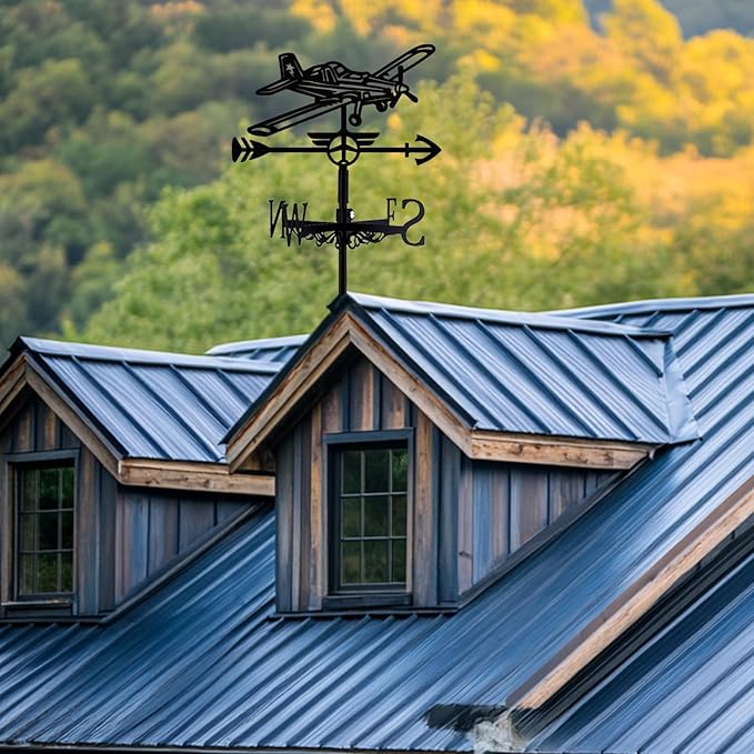 Airplane Weathervane 26' Height Black Metal Wind Sculpture Roof Garden Art Decor Farmhouse Durable Decorative Stake Waterproof Weathervane Garden Decor