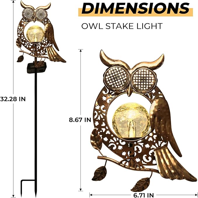 KAIXOXIN LEDs Solar Stake Lights for Garden Metal Warm White, Memorial Gift - Perfect as Remembrance & Sympathy Gifts (Angel-Bronze) (Owl)