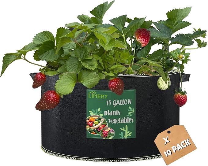 LINERY 10-Pack 15 Gallon Grow Bag Planting Black Heavy Duty Thickened Grow Bag with Handles Non-Woven Fabric Plant Pots (10-Pack 15 Gallon)