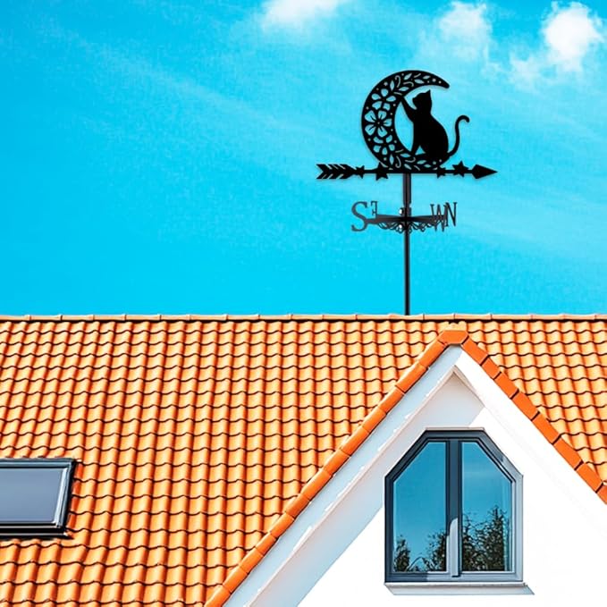 Moon Cat Weathervane Metal Wind Vane Flower Star Garden Decoration Direction Indicator Stake Mount Ornament for Farmhouse Yard Roof Outdoor