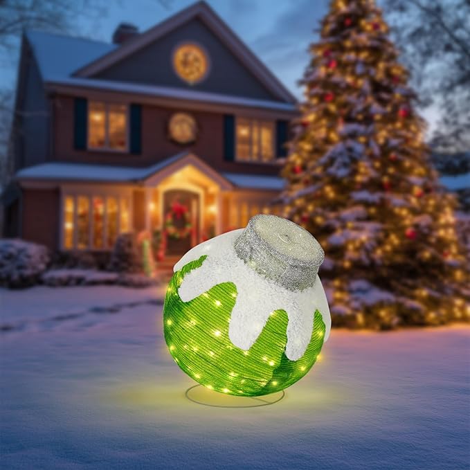 BRIGHTDECK Outdoor Christmas Ornaments, Lighted Pop-Up Outdoor Holiday Ball Decoration with 80 LED Lights, 8 Light Modes, Lighted Collapsible Holiday Decorations for Yard, Home (Green)