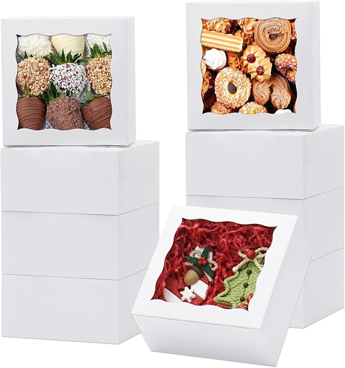 20pcs Cookie Boxes 5x5x2.5 Inches Bakery Boxes with Window Treat Box Dessert Box for Pastry Strawberries Chocolate Mini Cake Donuts - White