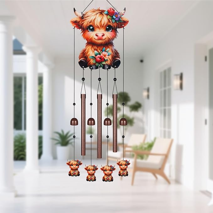 Metal Colorful Highland Cow Wind Chimes for Outside to Create a Zen Atmosphere Suitable for Outdoor Garden Patio Home Decor,Melodious Melodic Tones Suitable as A Birthday for Women Mom