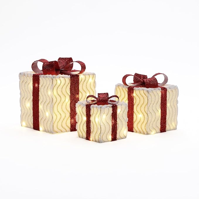 LuxenHome Set of 3 Lighted Gift Boxes, Plug-in Wavy Design with Red Ribbon Bow Boxes for Xmas Holiday Display, Lawn, Porch, Under Tree Indoor, Outdoor Christmas Decoration.