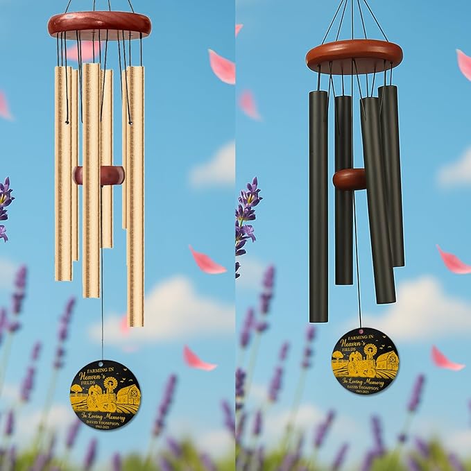Personalized Farming Memorial Wind Chime – “Farming in Heaven’s Fields” Custom Name & Years – Tractor & Angel Engraved Sympathy Gift for Farmers – Outdoor Remembrance Windchime for Loss of Loved One