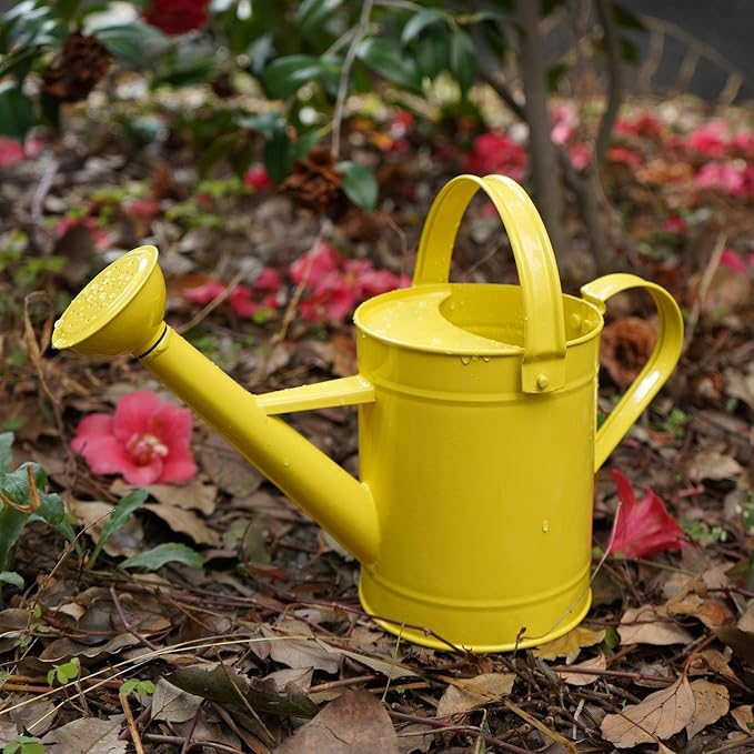 Topadorn Watering Can for Indoor Plants, Outdoor Garden Metal Watering Pot with Handle and Rosehead Modern Style, 11.4”W x 4.72”D x 8.66”H, 55 Oz.,Yellow