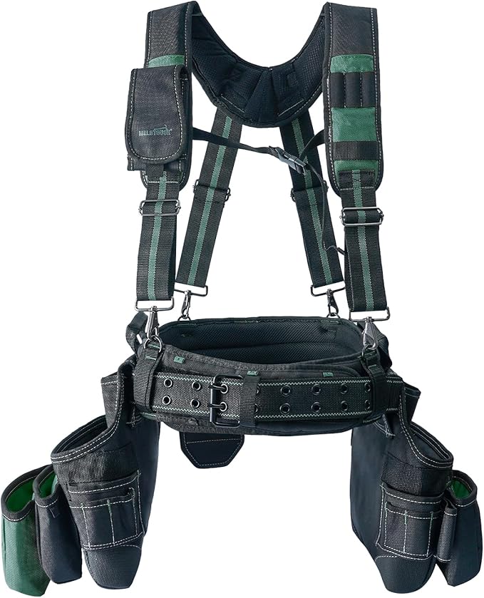 MELOTOUGH 28-Pocket Pro Framer's Combo Apron Tool Belt and Heavy Duty Padded Suspenders with Magnetic Desinger for Technician/Maintenance/Carpenter/and Electrician's Tools(Olive Green)