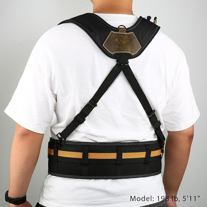 Tool Belt Suspenders, Tool Bag Suspenders, Work Belt Suspender with Magnetic Wristband and Loop Attachment, Padded Construction Suspender for Carpenter, Electrician, Framer, Black