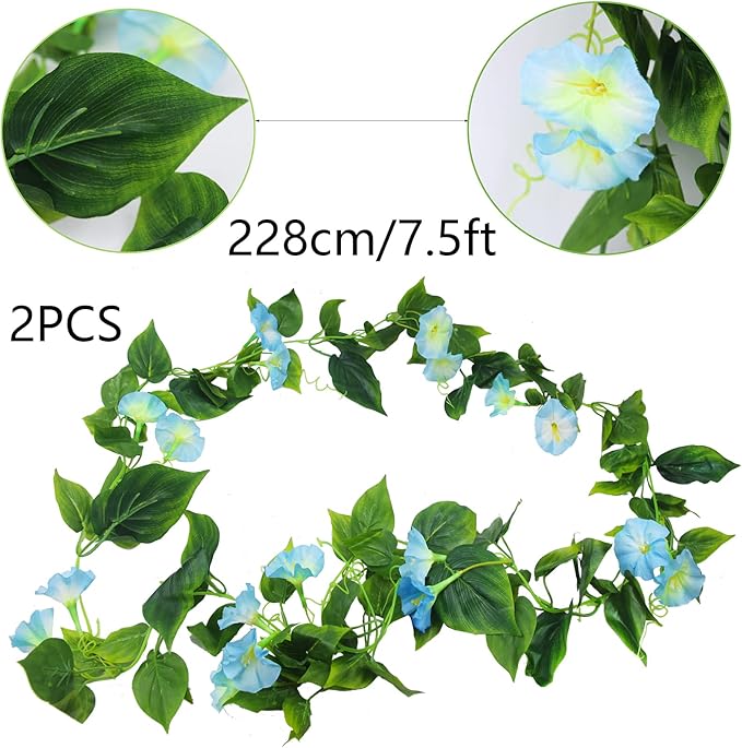 CISDUEO 2 Pcs Artificial Vines for Outdoors Silk Morning Glory Vines 15Feet Hanging Plants Blue Flowers Garland Fake Green Plant Morning Glories for Home Decor Wall Fence Wedding Hanging Baskets