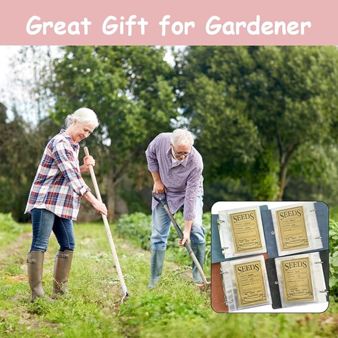 Seed Storage Organizer Binder, Leather Seed Packet Organizer with 50 Clear Pockets(25 Pack Sheet Sleeves) and 50 Pack Seed Envelopes, Garden Seed Holder Book, Plant Seed Saver, Flower Seed Keeper