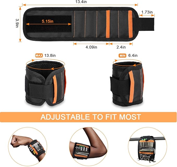 vidsel Magnetic Tool Holder Belt & Wrist-Band (15 N38 Magnets), Adjustable Work Gadget for Electricians/DIY/HVAC, Screws, Nails, Drill Bits Organizer, Birthday Gift for Men, Dad, Husband, Black