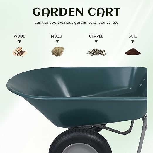 Wheelbarrow Garden Cart, Heavy Duty Home Utility, Dual-Wheel Home Garden Yard Utility Wheelbarrow Cart with Built-in Stand, Green