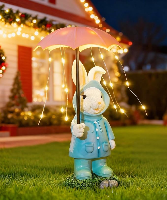 Solar Rabbit Garden Statue Outdoor Decor, Bunny Figurines Lights with Umbrella for Outside Yard Lawn Ornaments,Gifts for Mother's Day Birthday Easter Housewarming