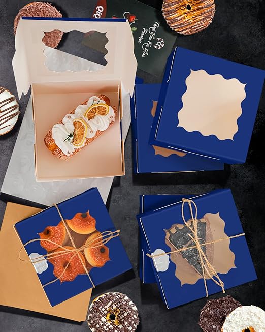 qiqee Navy Blue Cookie Boxes with Window 36packs 6x6x3 Navy Blue Bakery Box Pastry Box for Wedding Favor Birthday & Party