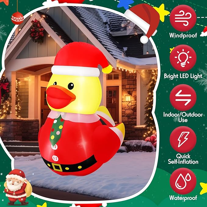 Leyndo 2 Set 5FT Christmas Inflatables Duck Decoration Outdoor Giant Blow Up Duck with Build-in LEDs Lights Wear Xmas Hat Santa Claus Costume for Mall Garden Patio Lawn Indoor, Funny Christmas Decor