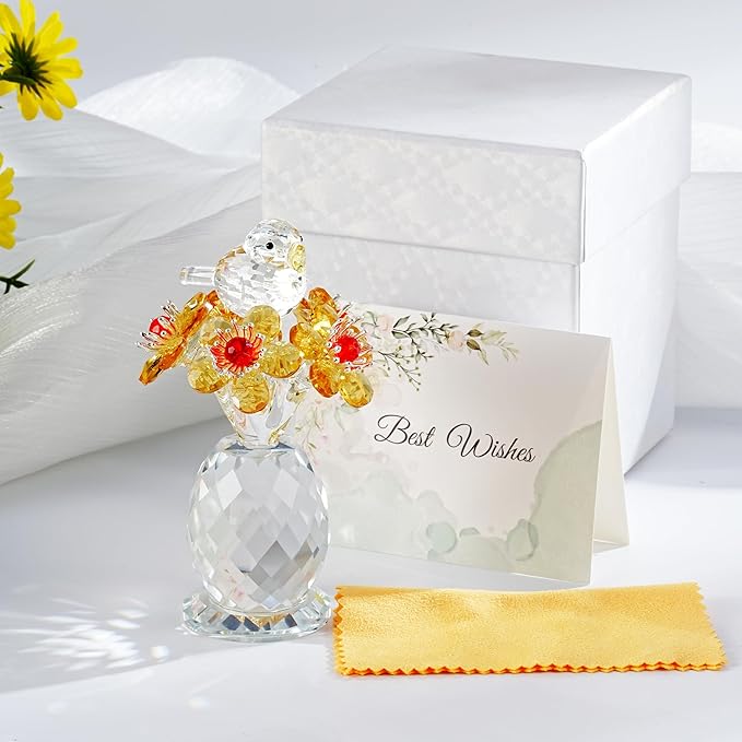 Crystal Bird & Forget-Me-Not Flower Figurine,3x4 inch Glass Flower Collectible Ornaments for Home Decor Table Centerpiece Glass Bouquet Flowers Keepsake Gifts for Women (Yellow)