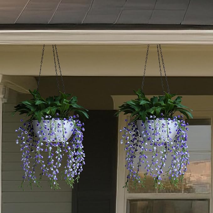 alyptus Hanging Planters for Indoor Plants Fake Flowers - 2-Pack Artificial Hanging Lily of The Valley with Pot - White Faux Flowers in Planters for Indoor Décor