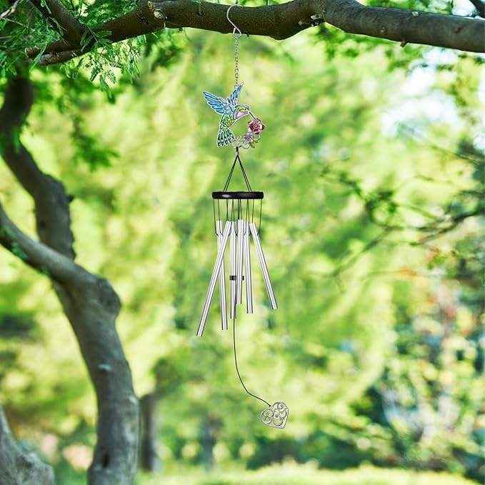 Outdoors Hummingbird Wind Chimes Sympathy Memorial for Loss of Loved One - Soothing Melodic Tones Aluminum Chime Great as a Gift for Your Patio Porch Garden and Backyard (Hummingbird,Heart)