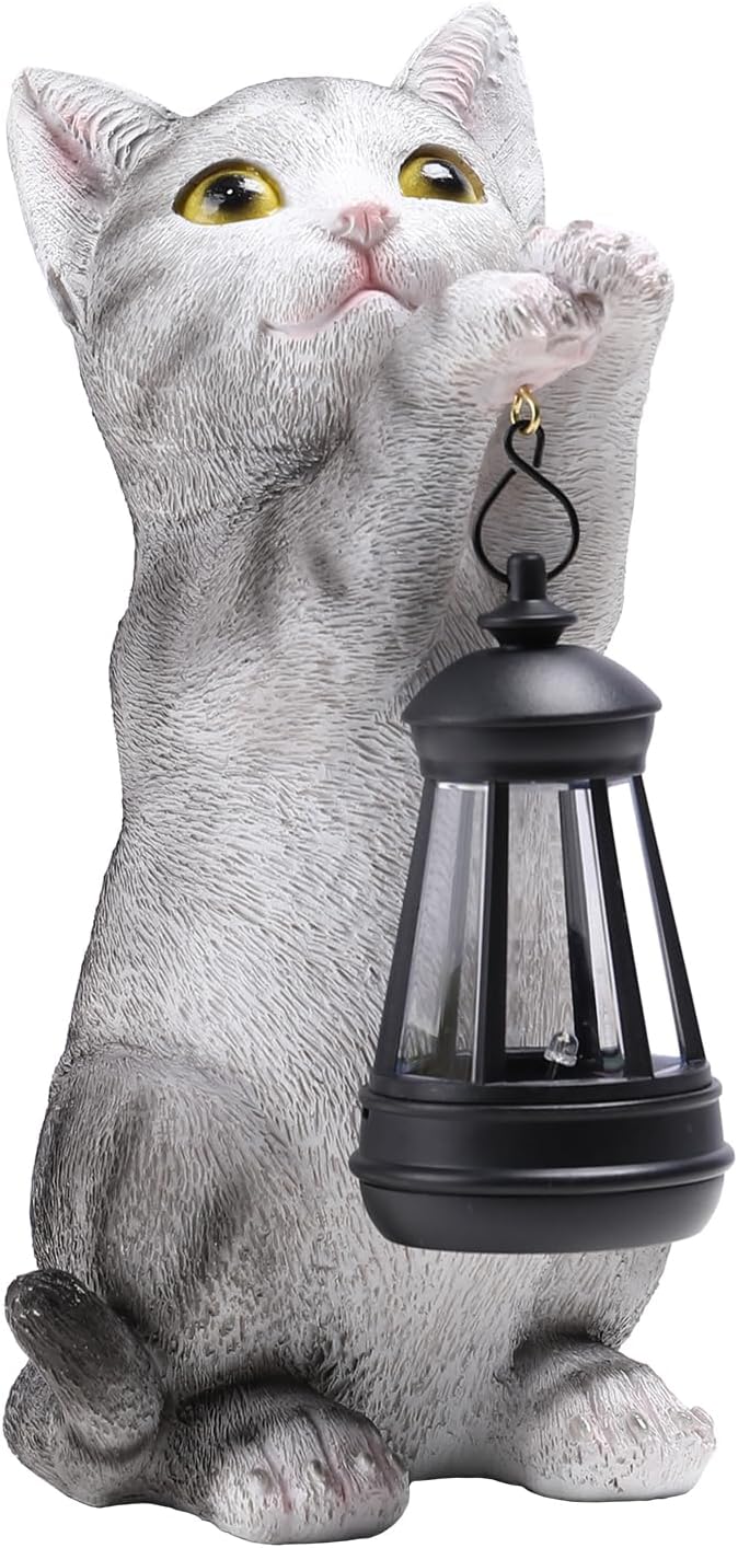 Solar Cat Garden Statue - Outdoor Cat Statues with Lantern Lights for Garden Yard Art Lawn Ornaments Porch Patio Balcony Home House Gardening Gifts for Women Grandma Mom