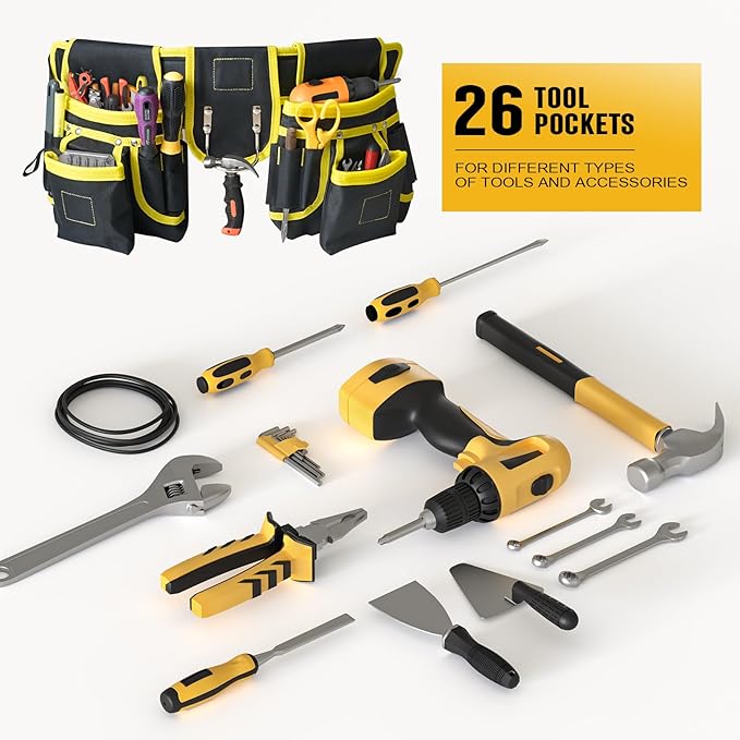 Tool Belts for Men with Suspenders - Magnetic Tool Pouch 26 Pockets Heavy Duty Work Belts - Detachable Adjustable Tool belt Pouch Bag for Electrician, Carpenter, Construction