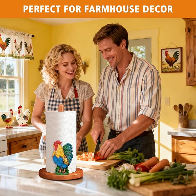 Rooster Kitchen & Bathroom Decor, Rooster Gifts for Women, 3D Modern Chicken Farmhouse Kitchen Countertop Decor, Cute Wooden Paper Towel Holder, Home Indoor Table Accessories, Housewarming Gifts