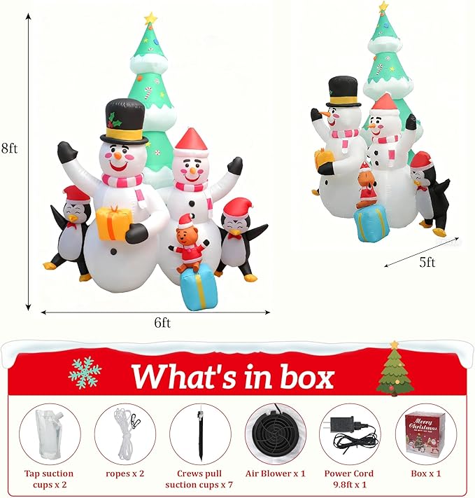 8FT Christmas Inflatable Outdoor Decorations, Snowman Penguin Christmas Tree Inflatable Courtyard Decorations, Courtyard, Garden, Lawn Winter Decorations