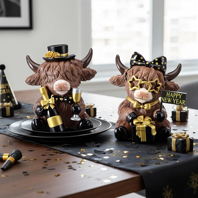 Karenhi 2 Pcs 2025 New Year Highland Cow Figurines, Happy New Year Cow Gnomes with Champagne and Gift Box, Resin Statue Calf Lovers Gifts Cute Yak Home Collectibles for Holiday Decor