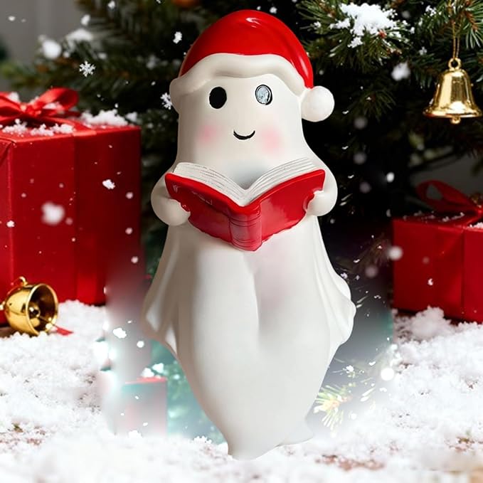 1 Pcs Christmas Reading Ghost Figurine Cute Spooky Design Glow in the Dark Figurines Desk Christmas Decorations Indoor for Christmas Decor Home Table Bedroom Office Desktop Display Ornaments lamp
