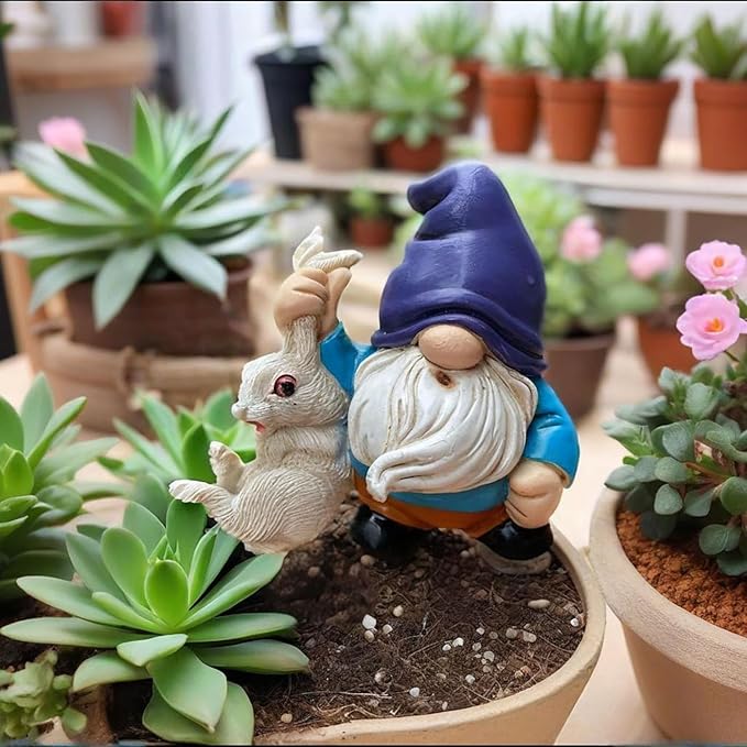 Funny Garden Gnomes with Rabbit Outdoor Statues Gnomes Decorations for Yard Lawn Patio Fairy Garden Figurines Plant Decorations for Pots, Novelty Gifts