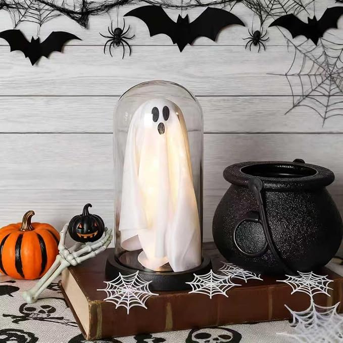 Halloween Decorations Indoor, Light Up Ghost in Transparent Dome Cloche, Cute Spooky Ghost Decor for Tabletop Mantel Display and Holiday Decorations