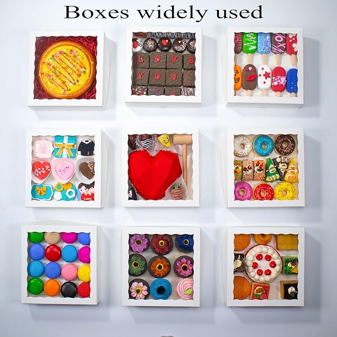 RomanticBaking 50pcs 10x10x2.5 Inches White Bakery Boxes - Pie, Cookies, Chocolate Covered Strawberries & Breakable Heart Boxes for Valentine's & Christmas