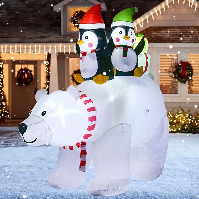 DearHouse 7FT Inflatable Christmas Polar Bear with Penguin and Gift, 5 Led Lights Xmas Holiday Blow Up Family Party Decoration Yard Lawn Favors Indoor Outdoor Inflatables
