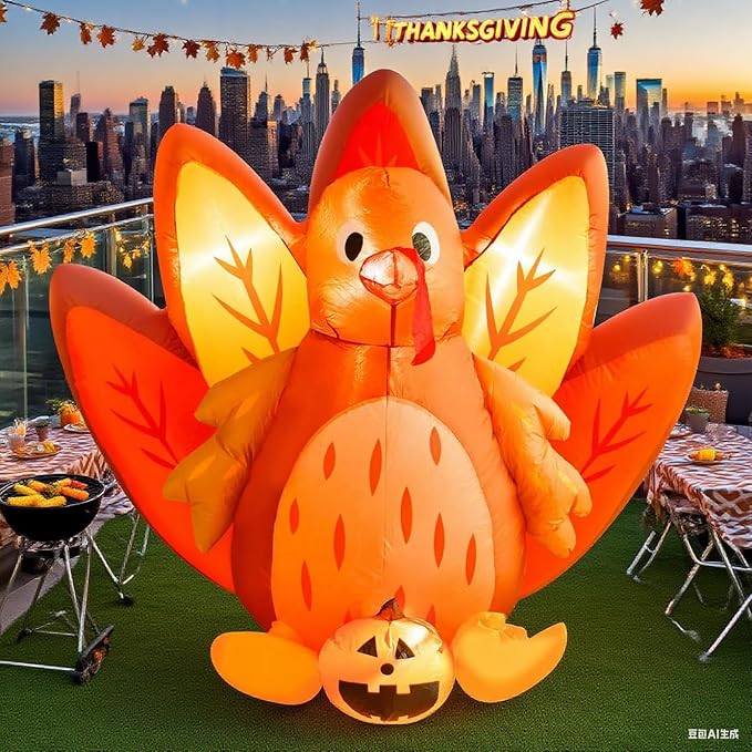 8 FT Christmas Inflatables Santa Claus in Sleigh with Two Reindeer Outdoor Decorations Blow Up Yard Santa Claus with Built-in LEDs (5FT Thanksgiving Inflatable Turkey)