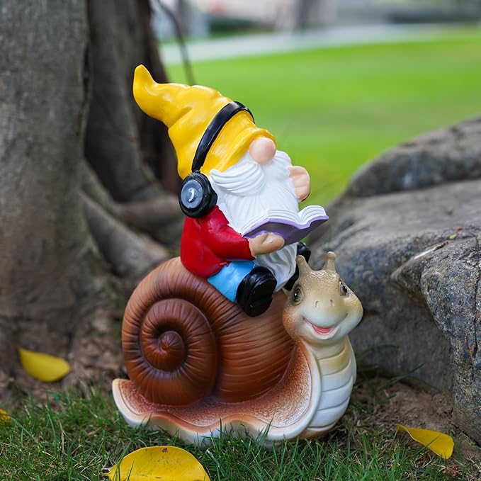 Ferrisland Garden Gnomes Snail Outdoor Figurines with Solar Lights, 10.4 inches Resin Solar Gnomes Decoration Yard Outdoor Garden, Patio Yard Lawn Birthday Housewarming Mother's Day(Gnome on Snail)