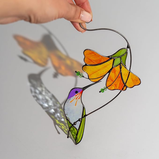Multicolor Hummingbird Handmade Stained Glass Suncatcher Genuine Stained Glass Window Hangings Unique Indoor Ornament & Outdoor Decor (Hummingbird with Hibiscus)