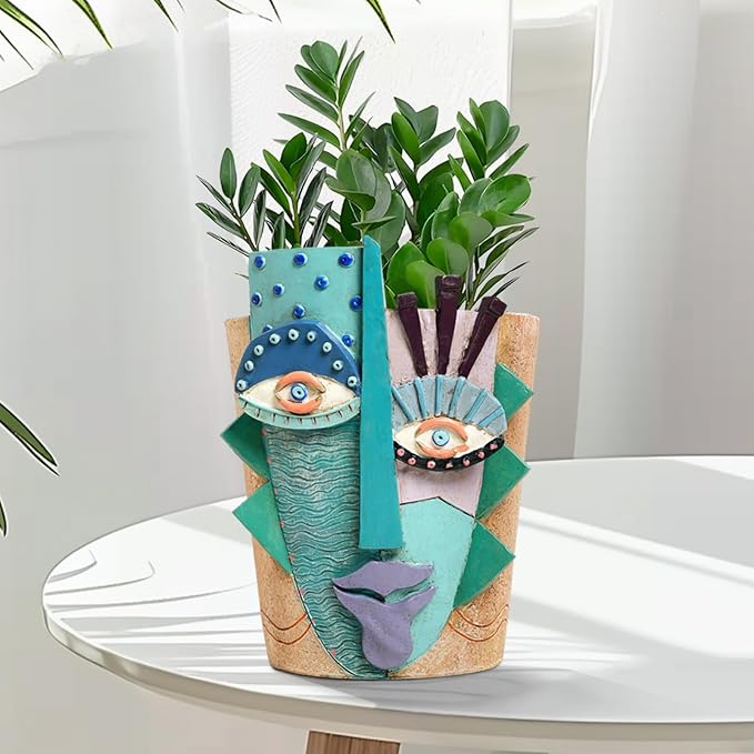 Picasso Flower Pot/Vase, Unique Planters, Abstract Face Flower Pots, with Drainage Holes, Handcrafted Resin Vases for Artistic Home Décor (Small)