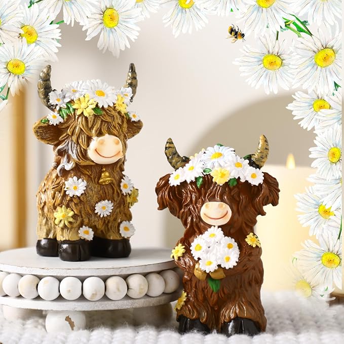 2 Pcs Highland Cow Figurines Daisy Flower Highland Cow Gnomes Decor Resin Statue Calf Lovers Gifts for Farmhouse Home Garden Kitchen Office Tiered Tray Table Decor
