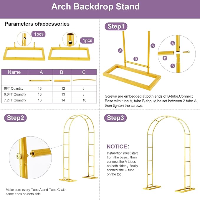 6.6FT Metal Garden Arch Trellis Arbor, Wedding Arch Stand with Steel Frame, Metal Pergola Arbor with Base, Assemble Freely 3 Sizes, for Decor Garden Trellis Climbing Plant, Bridal Party Ceremony
