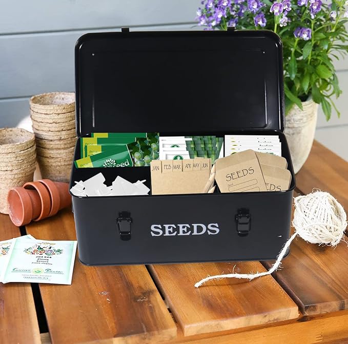 Seed Saving Box, Metal Seed Bin, Seed Storage Organizer, Seed Packet Container with Lid, Seed Envelope Storage Box, 4 Compartments Garden Seed Bin with Safety Locks-Black