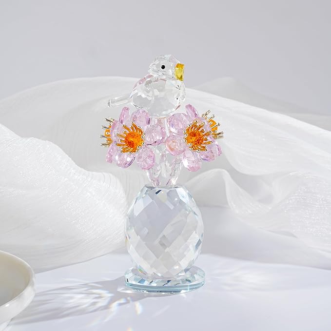 Crystal Bird & Forget-Me-Not Flower Figurine,3x4 inch Glass Flower Collectible Ornaments for Home Decor Table Centerpiece Glass Bouquet Flowers Keepsake Gifts for Women (Pink)