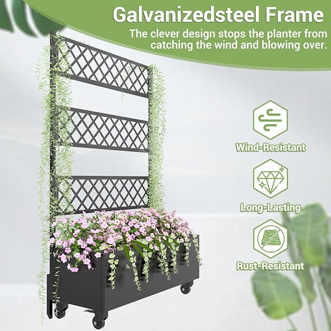 Metal Planter Box with Trellis Privacy Screen, 67"x35"x16" Raised Garden Bed with Trellis, Privacy Planter Boxes, with Planting Bag & Lockable Casters for Climbing Plants,Vegetables,and Vines