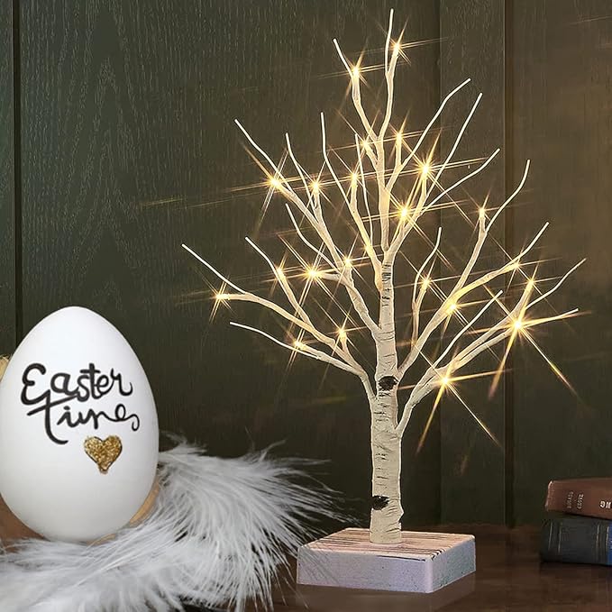 Fudios Lighted Birch Tree with Timer Battery Operated 18in Home Decor Tabletop, Pre lit Artificial Birch Trees with 24 LED for Wedding Christmas Party