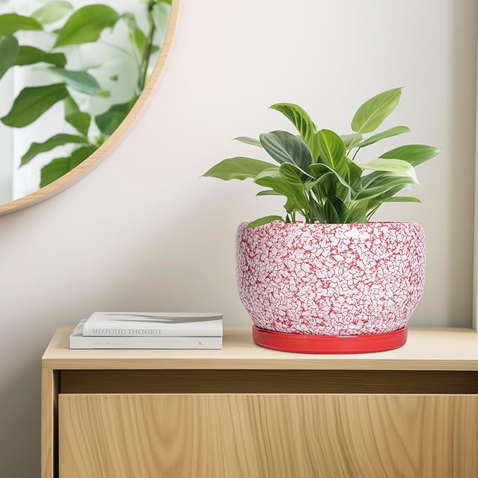 SQOWL Ceramic Planters for Indoor Plants - 10 Inch Flower Pots with Drainage Hole and Saucer, Decorative Ceramic Plant Pots, Round Large Planter Outdoor, Room Decor, Housewarming Gifts, Red and White