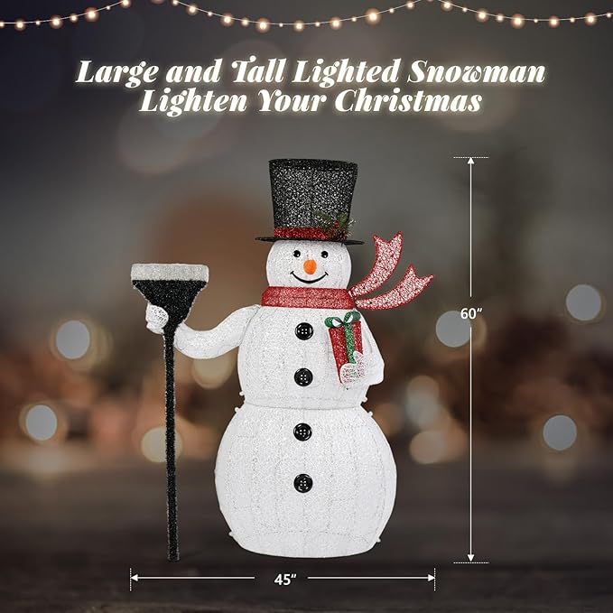 VINGLI 5FT Outdoor Snowman Christmas Decorations, Lighted Outdoor Snowman w/200 LED Lights, Tall Hat, Red Scarf, Ground Stakes, Zip Ties for Indoor, Yard, Outside Xmas Decor