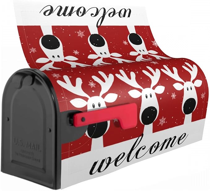 Christmas Reindeer Mailbox Cover Magnetic, Welcome Winter Snowflakes Xmas Elk Mailbox Wrap, Standard Size 21x18 Inch Waterproof Letter Post Cover for Garden Yard Outdoor Outside Decor