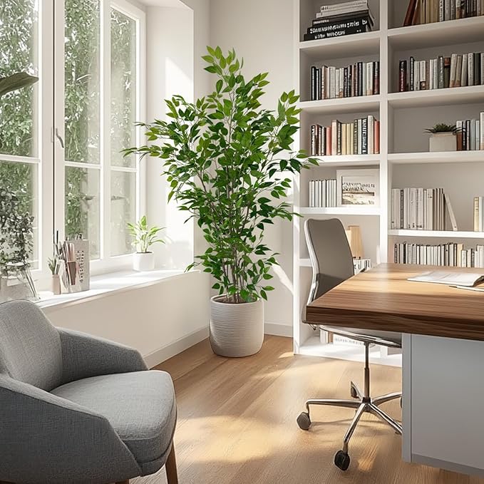 Artificial Ficus Tree with Green Leaves, 6ft Tall, Indoor Plant with Decorative Beige Planter