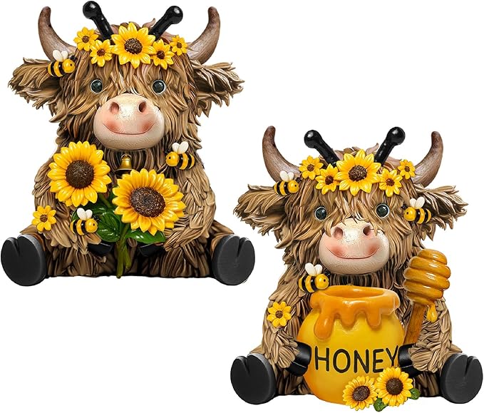 2 Pack Bee Highland Cow Resin Figurine Summer Bee Bathroom Highland Cow Gnomes with Sunflower Starfish Resin Statue for Garden Table Shelf Home Decor Calf Gnome Herd Gifts