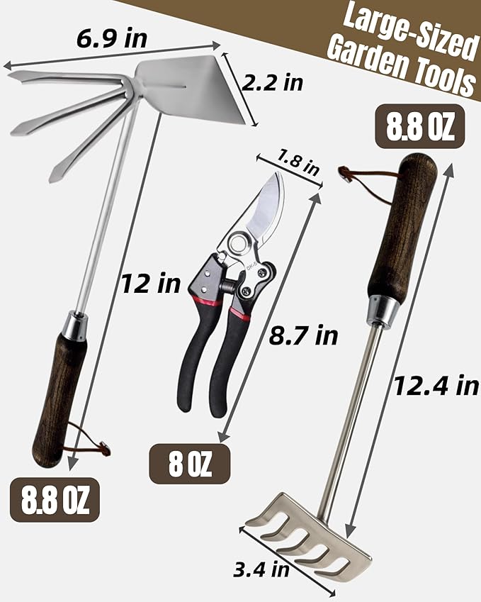 Garden Tool Set, 6PCS Heavy Duty Stainless Steel Gardening Hand Tools with Ropes, Includes Trowel, Transplanter, 2-in-1 Hoe, Pruner & More, Ideal Gardening Gift for Man and Woman (Gift Box Packaging)
